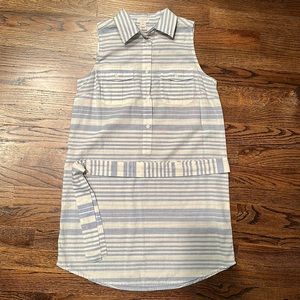 J crew belted shirt. Blue and white stripe sleeveless collared shirt.